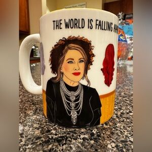 White Ceramic Mug with Illustrated Portrait and Red Accent